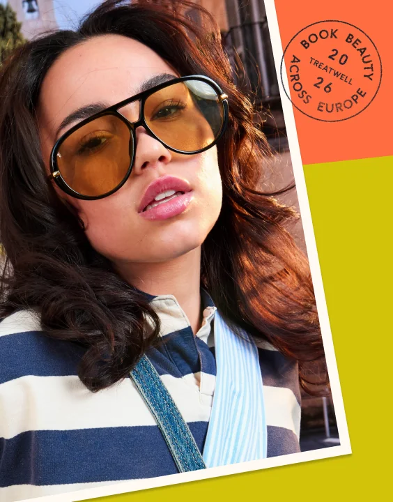 Clienta con gafas de sol y el sello de Treatwell «Book beauty across Europe 2026»